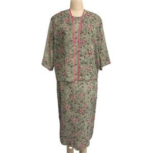 Vintage Floral Two-Piece Dress With Sheer Overlay and Pink Trim